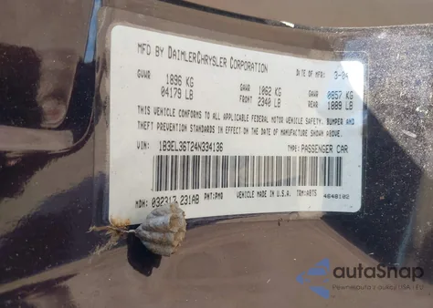 2004 Dodge Stratus Se из США, поврежденный, VIN 1B3EL36T24N334136